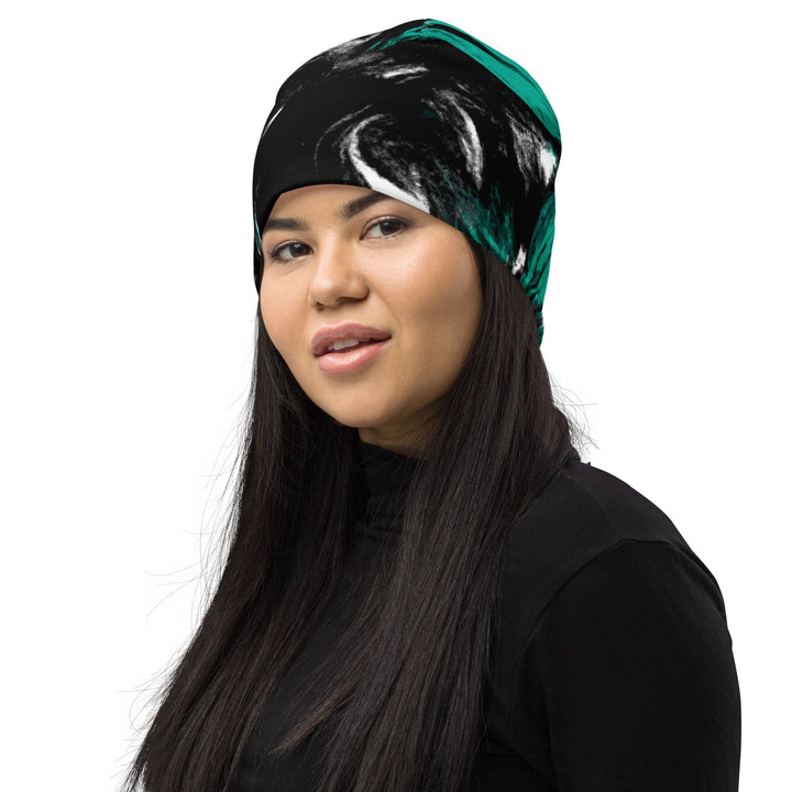 Double-layered Beanie Hat Black Green White Abstract Pattern - Unisex/Beanie