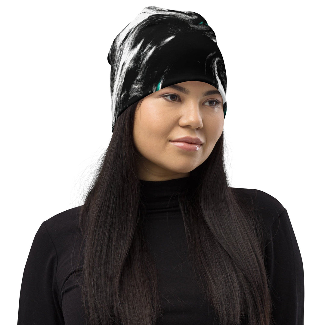 Double-layered Beanie Hat Black Green White Abstract Pattern - Unisex/Beanie