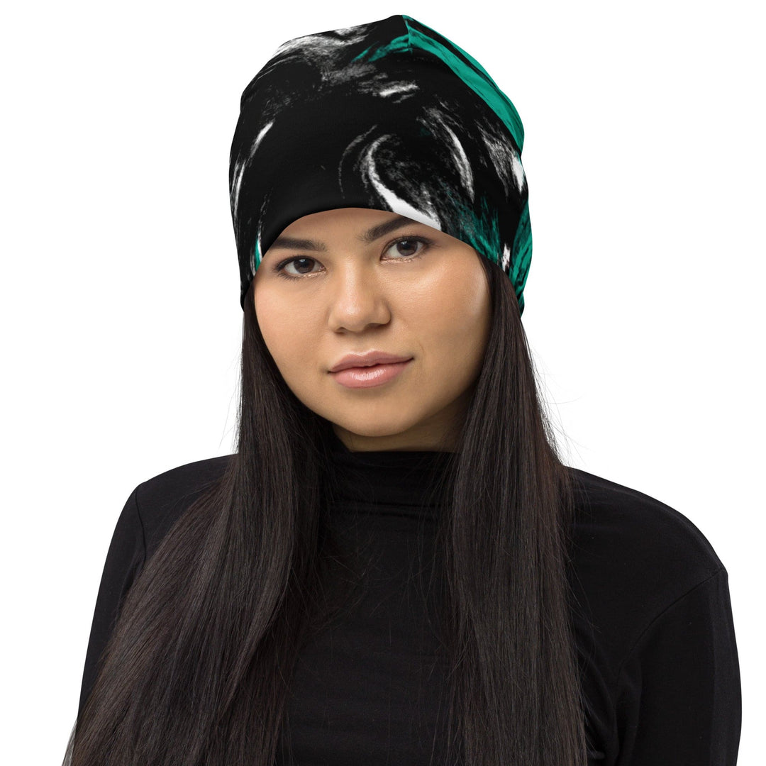 Double-layered Beanie Hat Black Green White Abstract Pattern 2 - Unisex