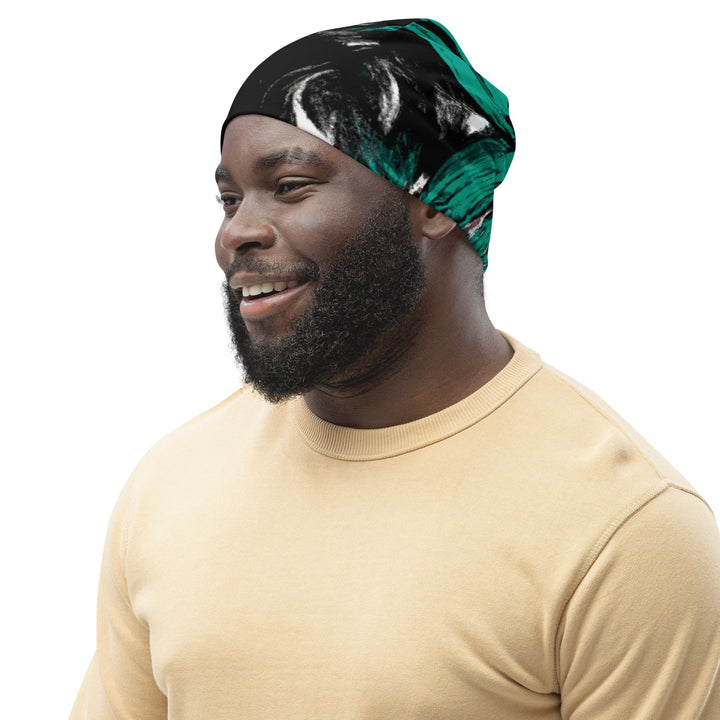 Double-layered Beanie Hat Black Green White Abstract Pattern - Unisex/Beanie