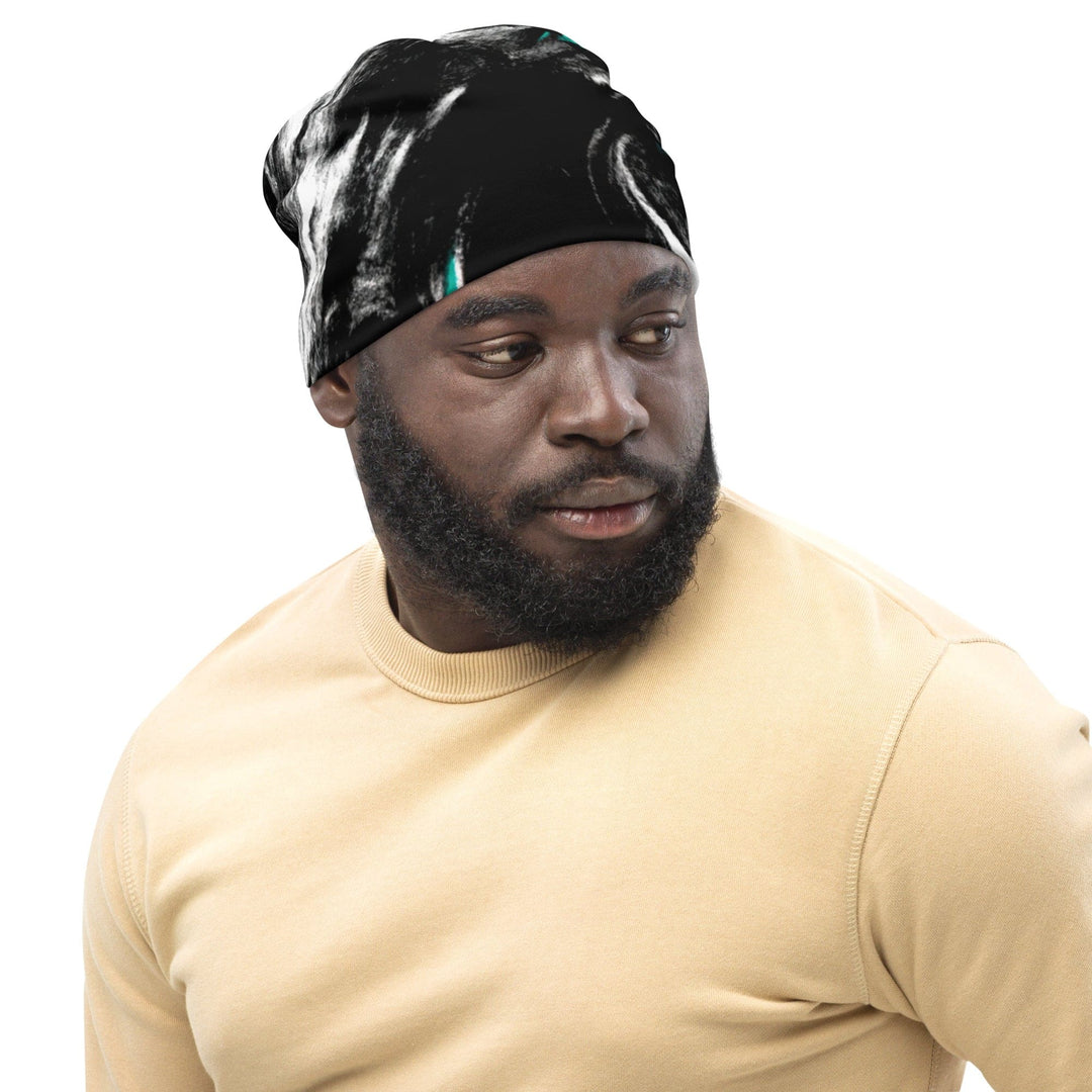 Double-layered Beanie Hat Black Green White Abstract Pattern - Unisex/Beanie