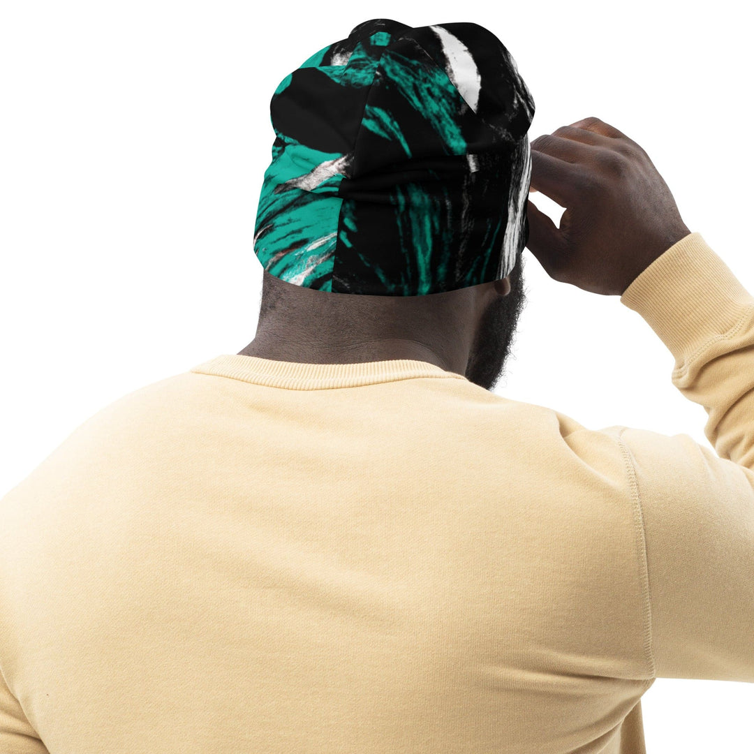Double-layered Beanie Hat Black Green White Abstract Pattern - Unisex/Beanie