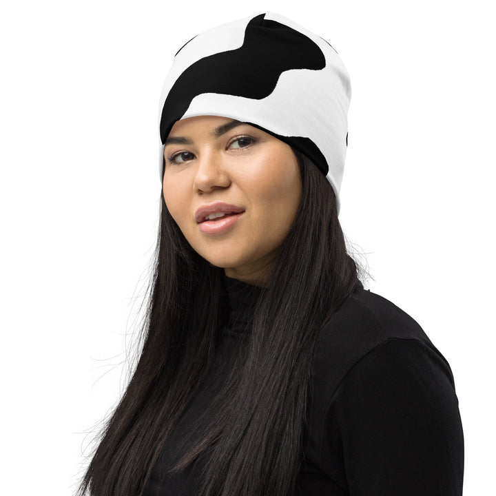 Double-layered Beanie Hat Black White Cow Print 2 - Unisex | Beanie Hats