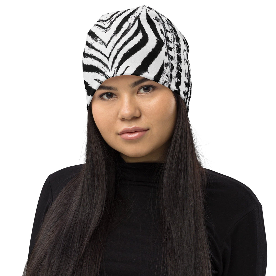 Double-layered Beanie Hat Black White Native Print 2 - Unisex | Beanie Hats