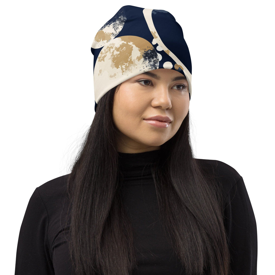 Double-layered Beanie Hat Blue Beige Spotted Print - Unisex/Beanie