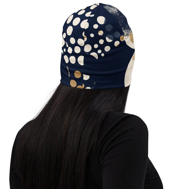 Double-layered Beanie Hat Blue Beige Spotted Print - Unisex/Beanie