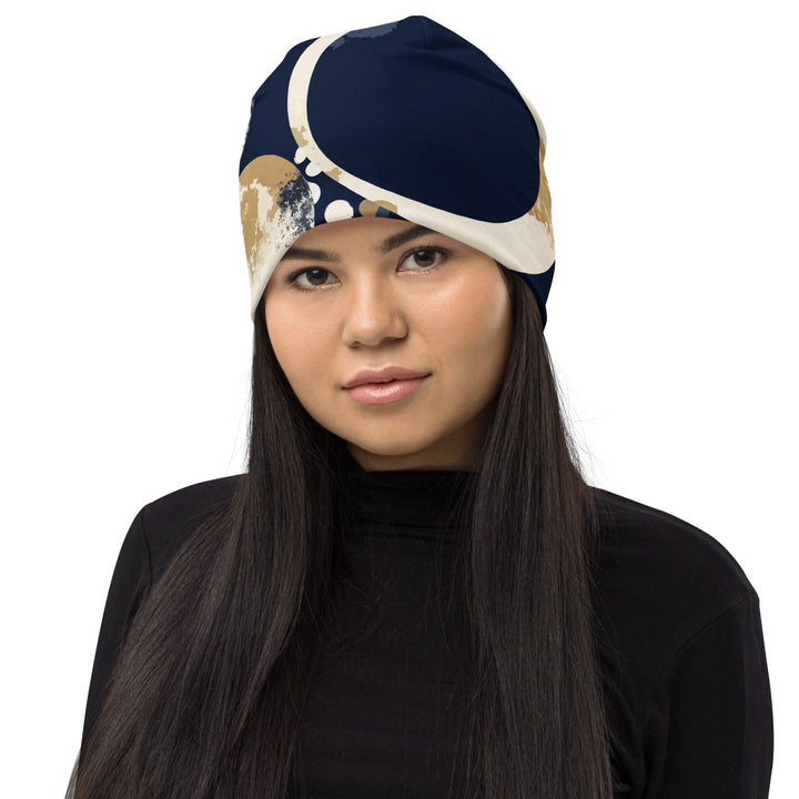 Double-layered Beanie Hat Blue Beige Spotted Print - Unisex/Beanie
