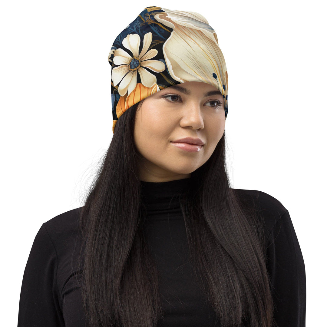 Double-layered Beanie Hat Floral Blue Print - Unisex | Beanie Hats | Reversible