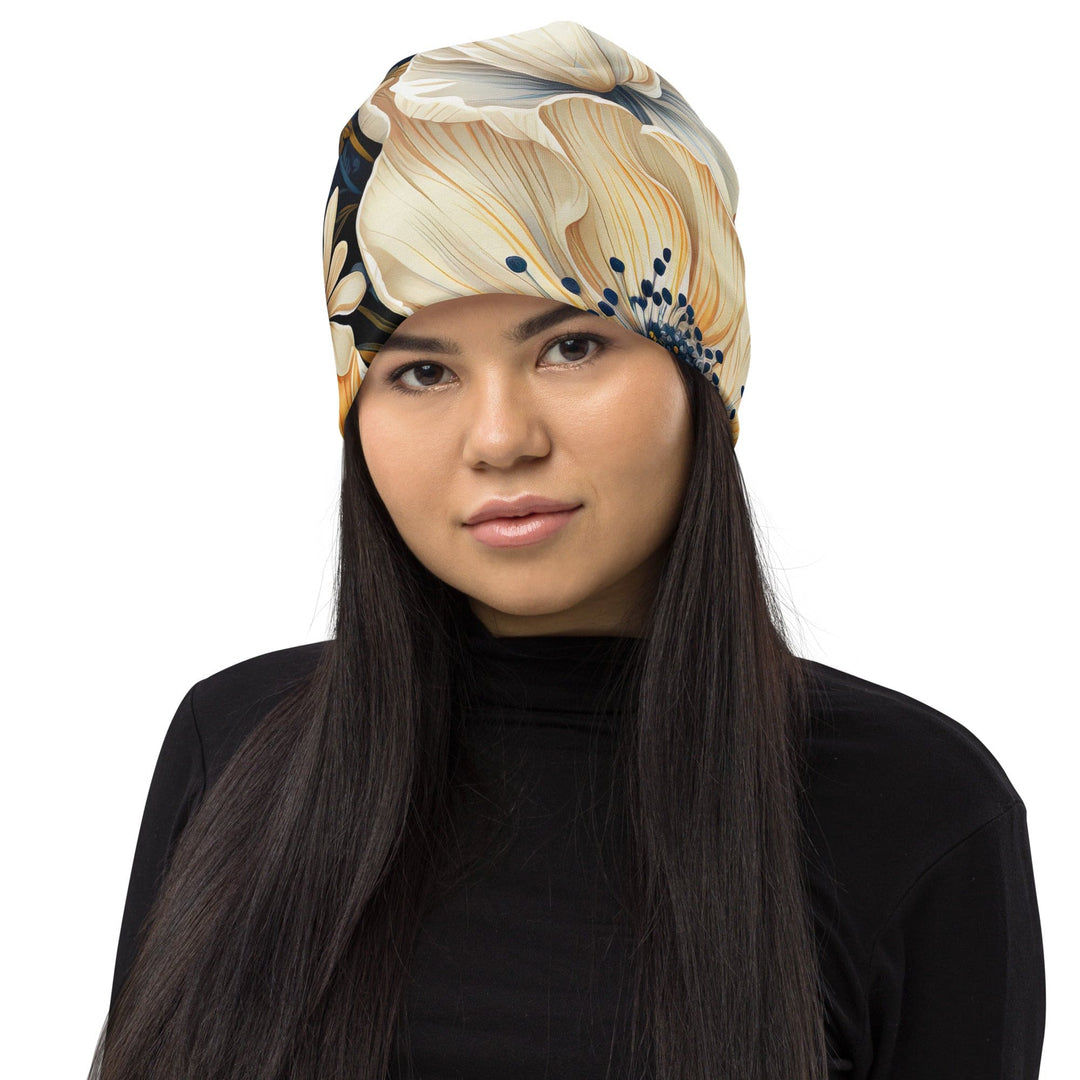 Double-layered Beanie Hat Floral Blue Print - Unisex | Beanie Hats