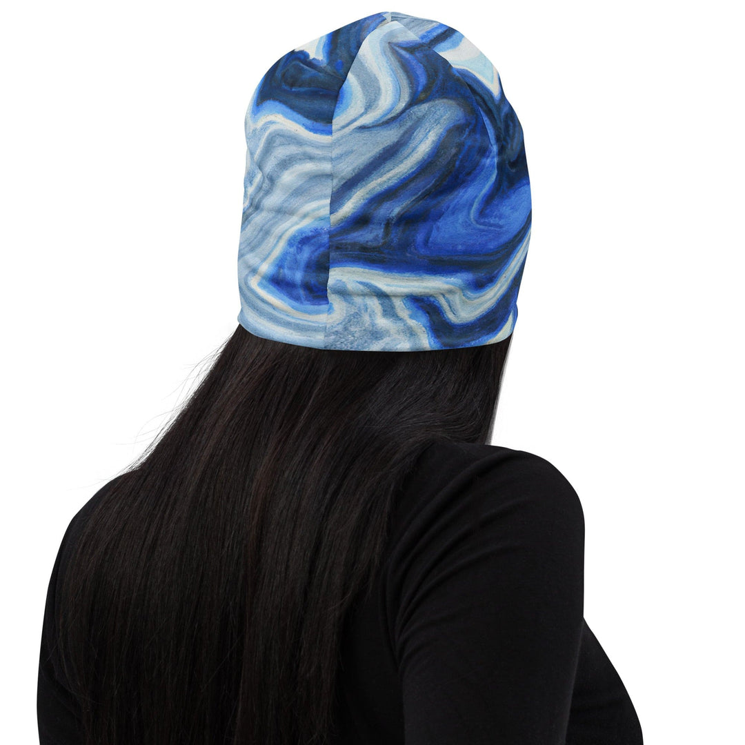 Double-layered Beanie Hat Blue Grey Marble Print - Unisex/Beanie Hats/Reversible