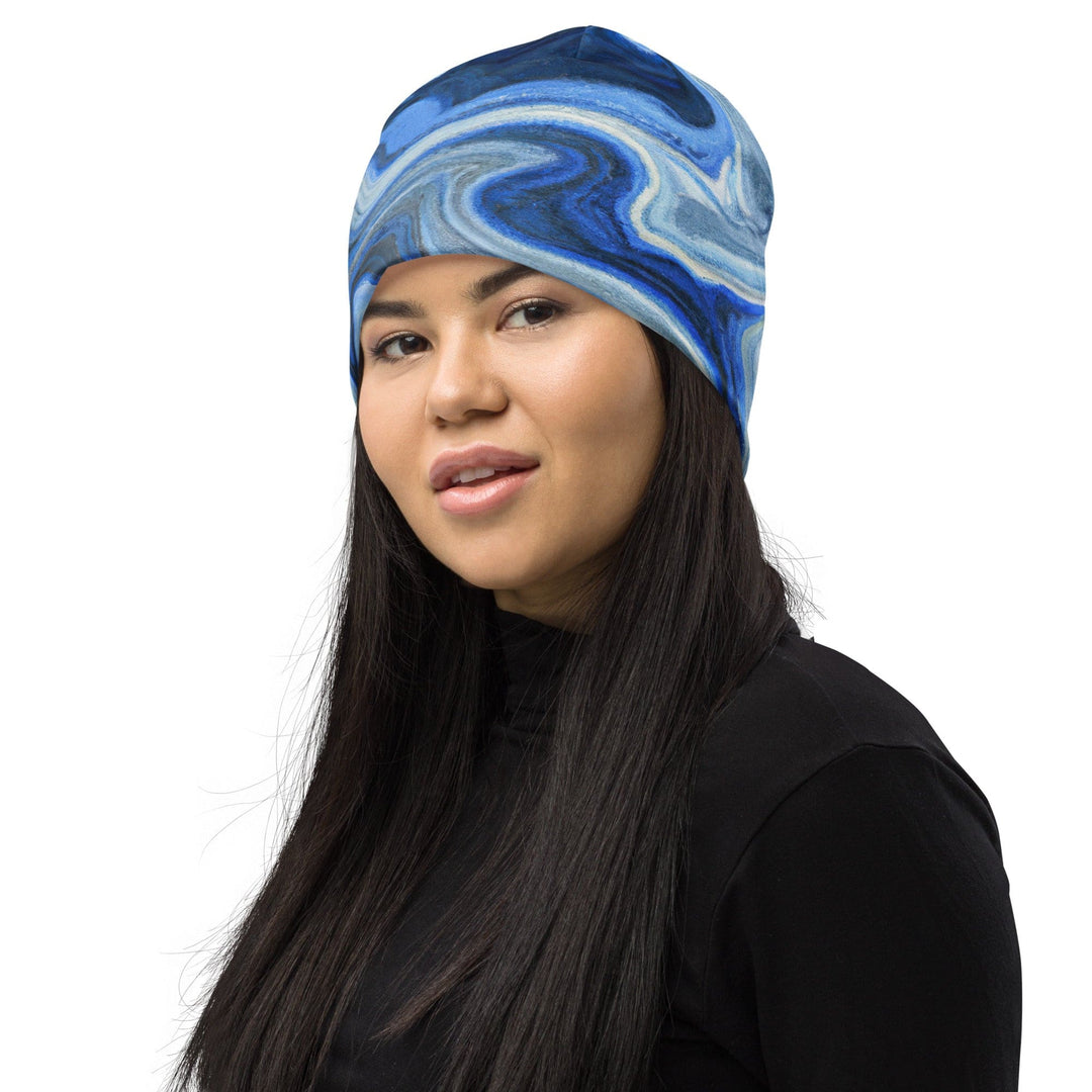 Double-layered Beanie Hat Blue Grey Marble Print - Unisex/Beanie Hats/Reversible