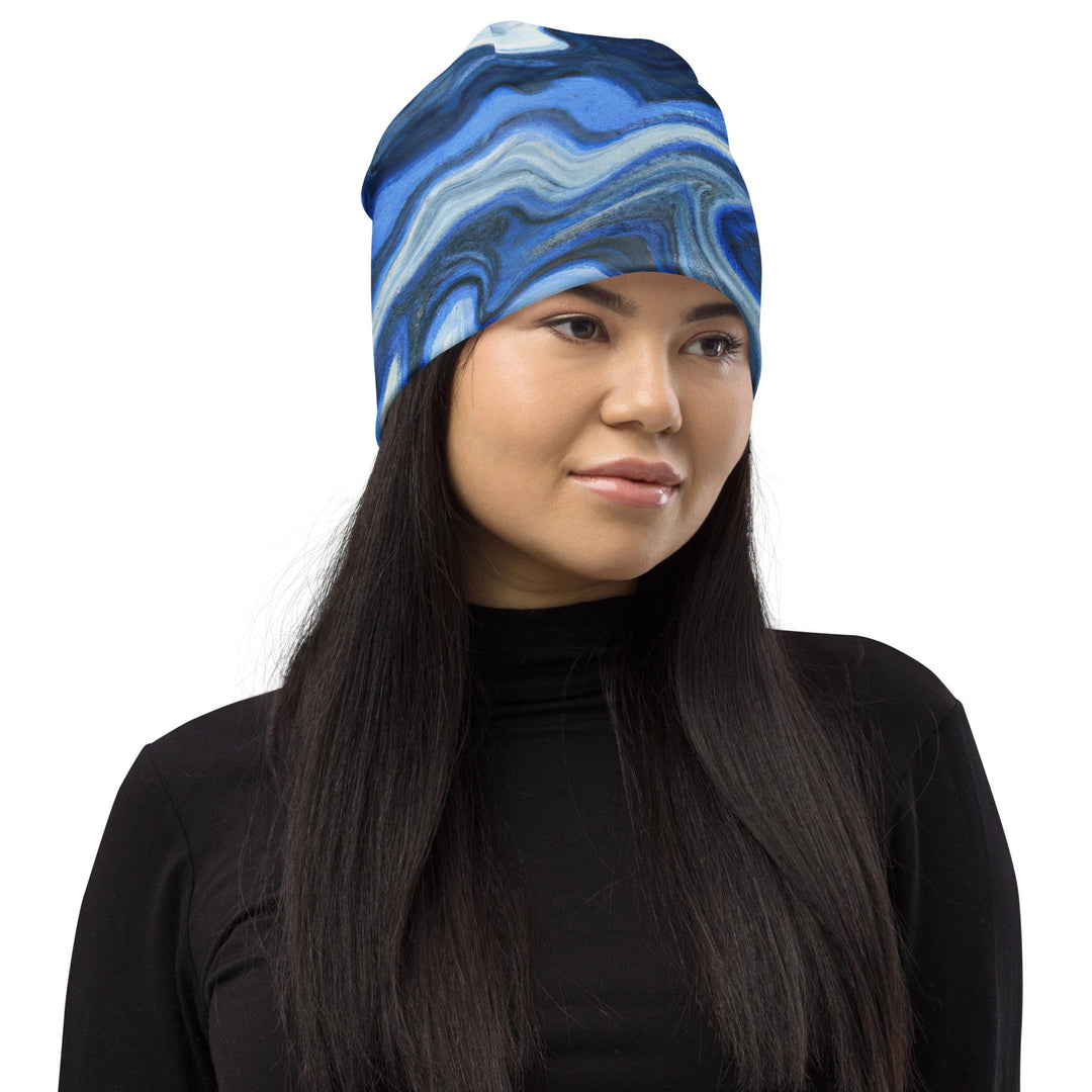 Double-layered Beanie Hat Blue Grey Marble Print - Unisex/Beanie Hats/Reversible