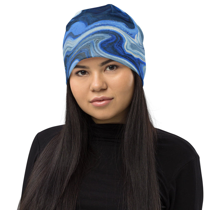 Double-layered Beanie Hat Blue Grey Marble Print - Unisex/Beanie Hats/Reversible