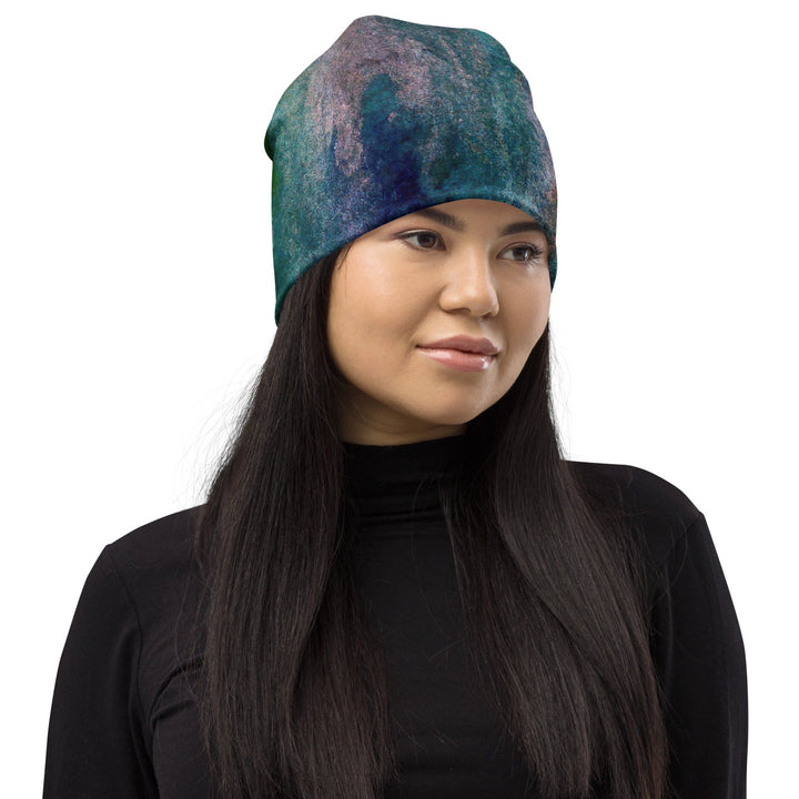 Double-layered Beanie Hat Blue Hue Watercolor Abstract Print 2 - Unisex