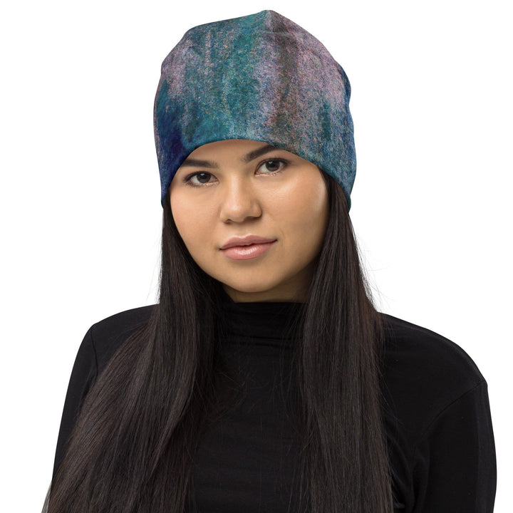 Double-layered Beanie Hat Blue Hue Watercolor Abstract Print 2 - Unisex