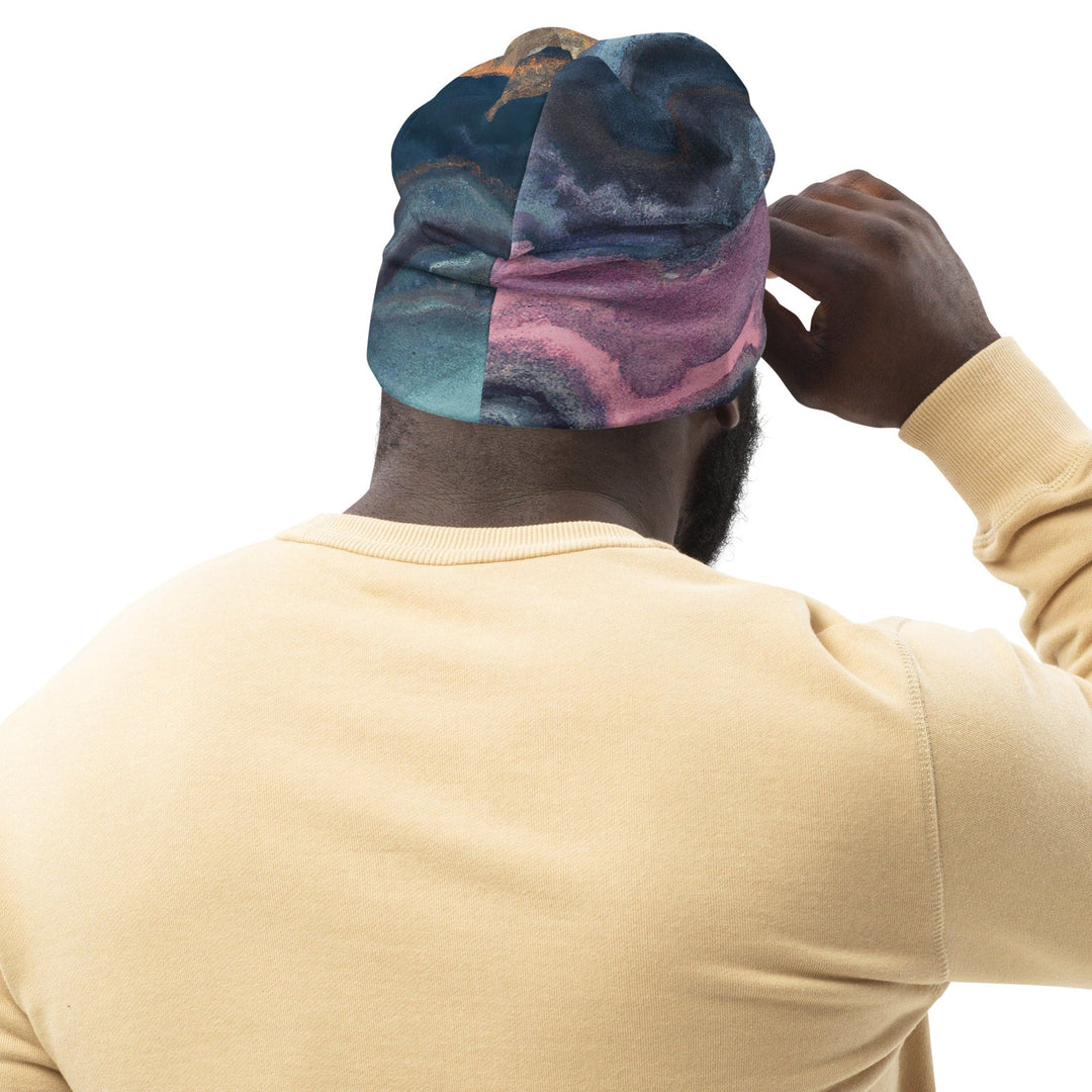 Double-layered Beanie Hat Blue Pink Marble Swirl Print - Unisex | Beanie Hats