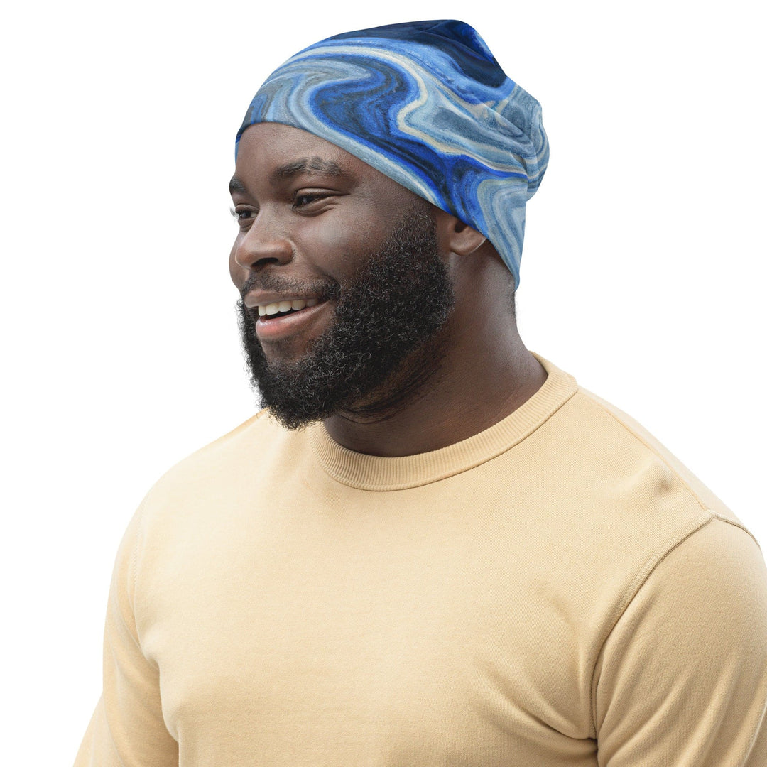 Double-layered Beanie Hat Blue Grey Marble Print - Unisex | Beanie Hats