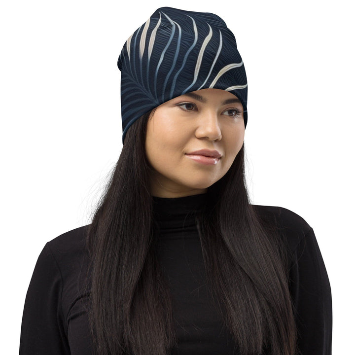 Double-layered Beanie Hat Blue White Palm Leaves 2 - Unisex | Beanie Hats