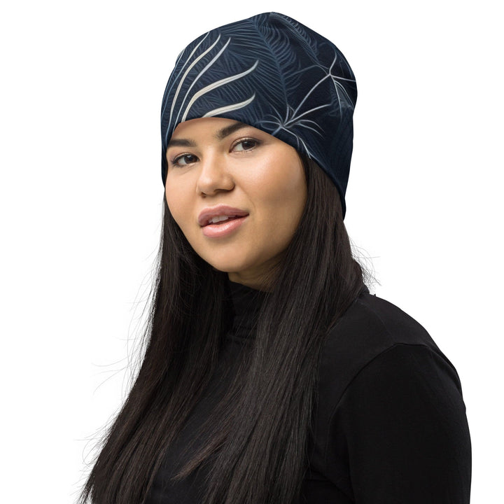 Double-layered Beanie Hat Blue White Palm Leaves 2 - Unisex | Beanie Hats