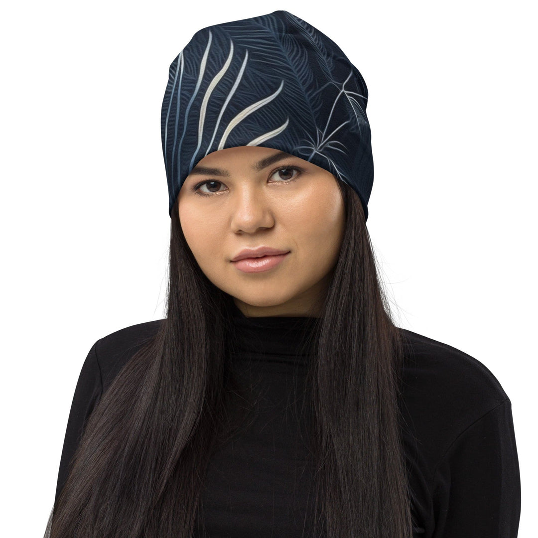 Double-layered Beanie Hat Blue White Palm Leaves 2 - Unisex | Beanie Hats