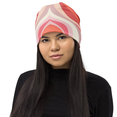 Double-layered Beanie Hat Boho Pink And White Contemporary Art Lined