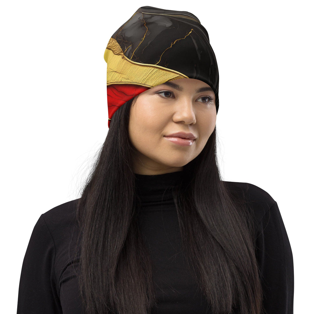 Double-layered Beanie Hat Bold Red Gold Tones Print 2 - Unisex | Beanie Hats