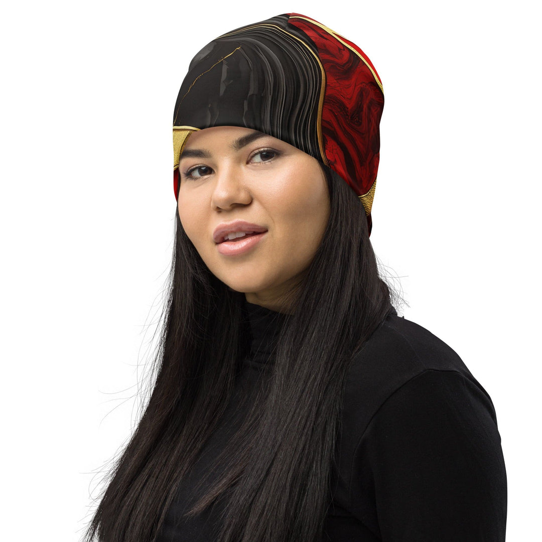 Double-layered Beanie Hat Bold Red Gold Tones Print 2 - Unisex | Beanie Hats