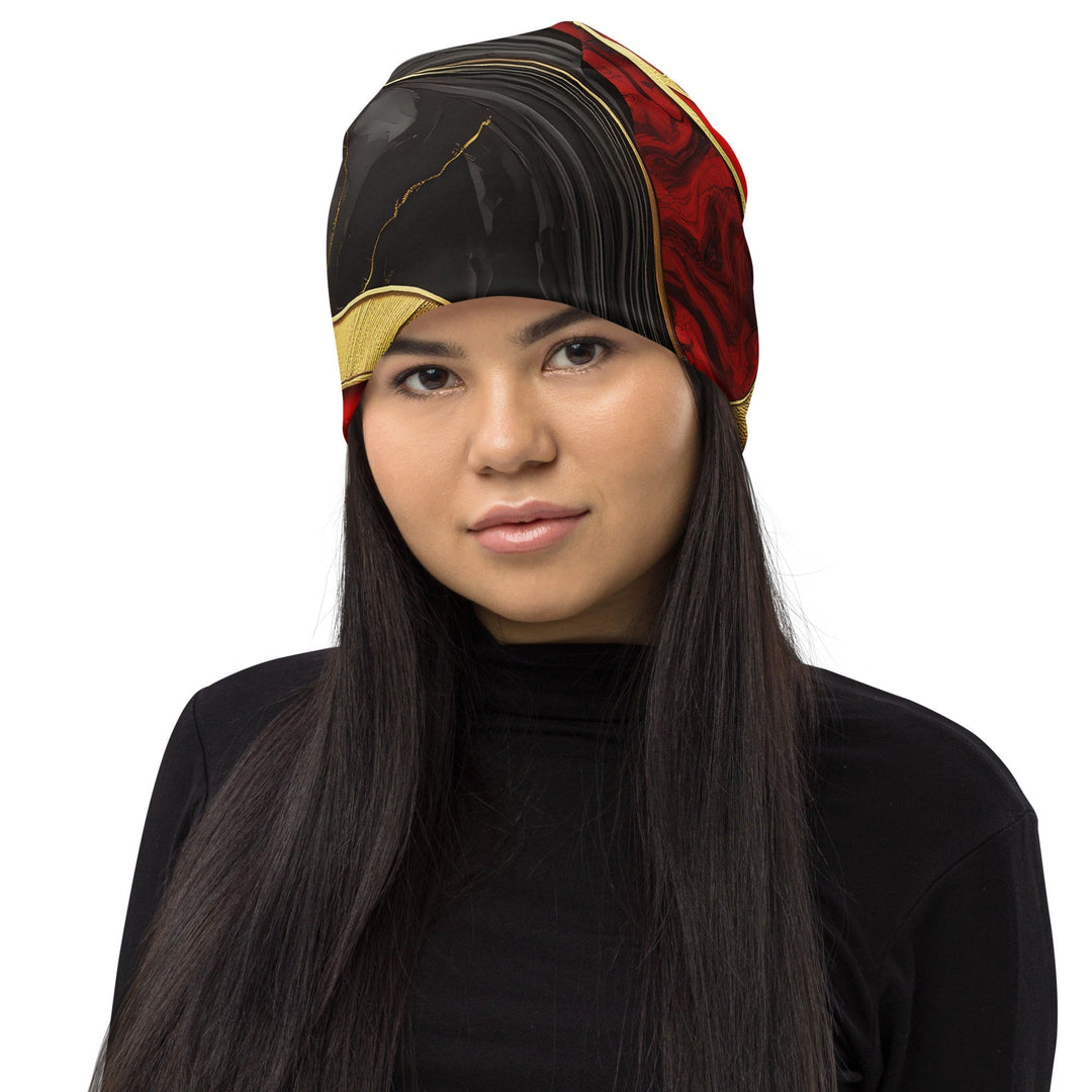 Double-layered Beanie Hat Bold Red Gold Tones Print 2 - Unisex | Beanie Hats