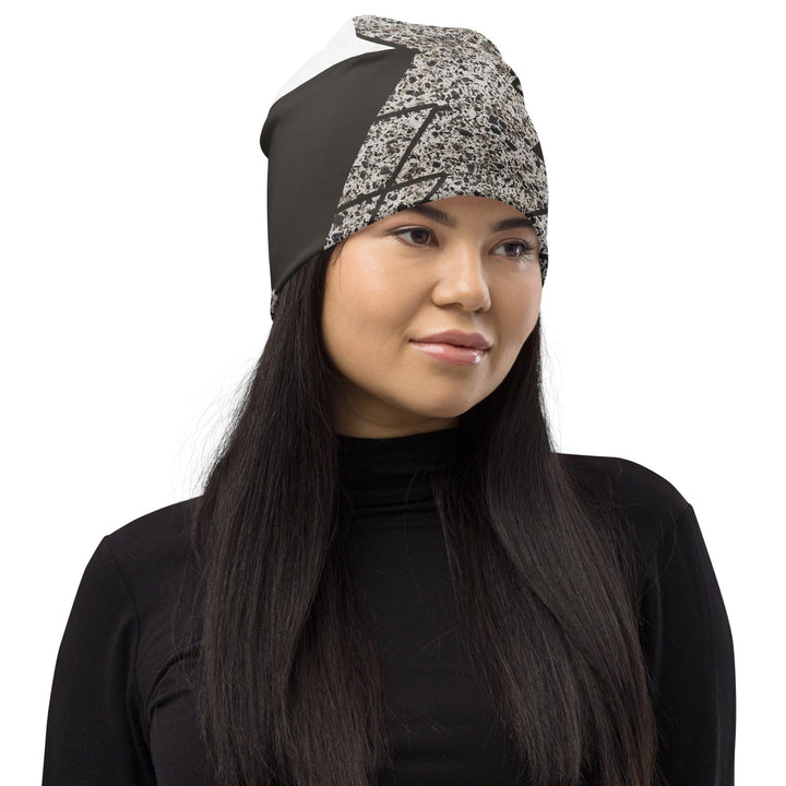 Double-layered Beanie Hat Brown and White Triangular Colorblock 2 - Unisex