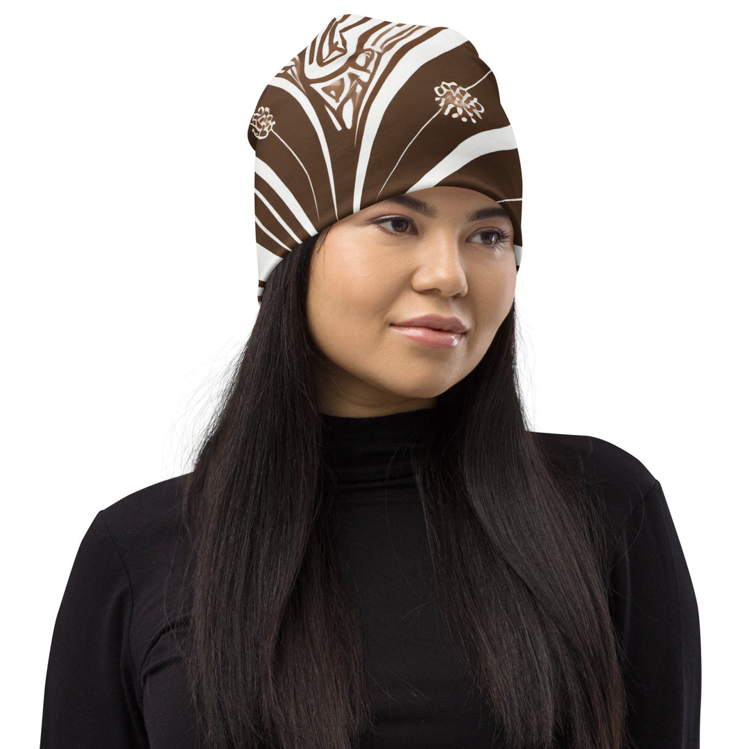 Double-layered Beanie Hat Brown Floral Lines 3 - Unisex | Beanie Hats