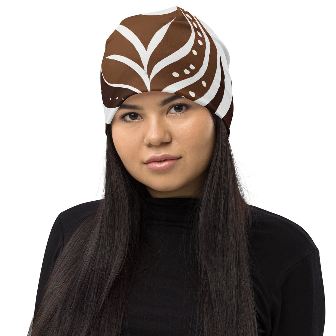 Double-layered Beanie Hat Brown Floral Lines 5 - Unisex | Beanie Hats