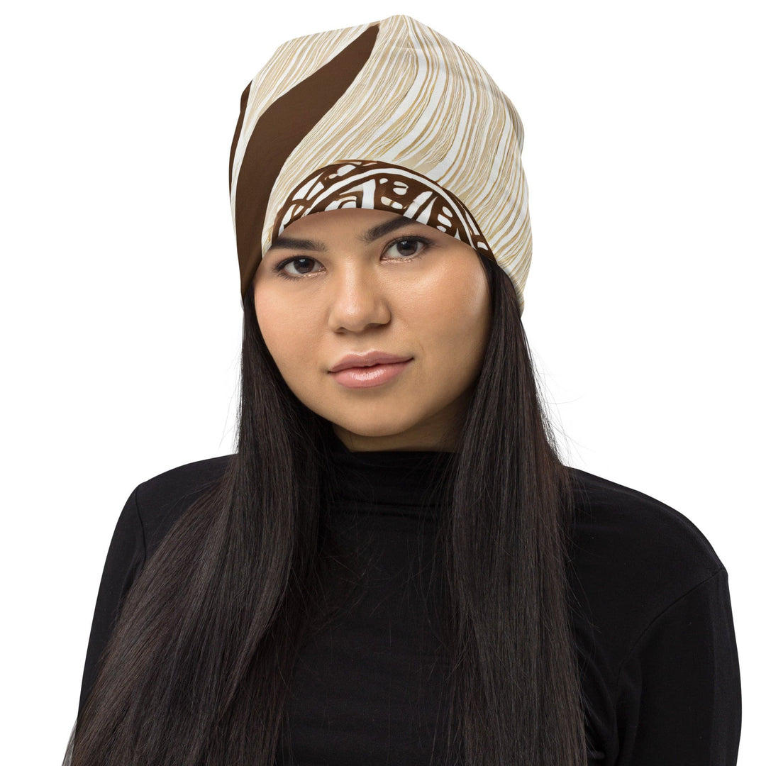 Double-layered Beanie Hat Brown Floral Lines - Unisex | Beanie Hats