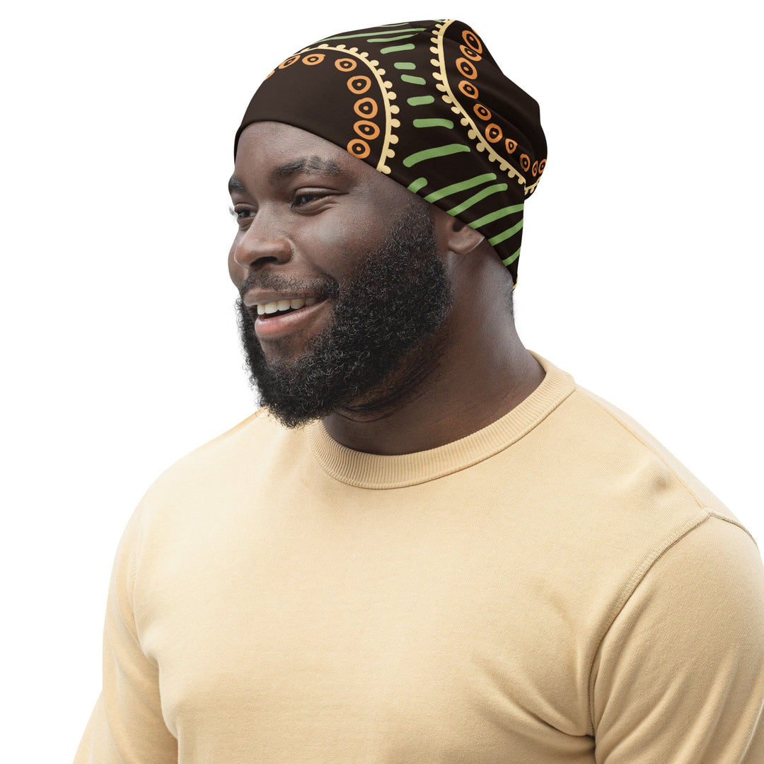 Double-layered Beanie Hat Brown Green Geometric Lines 2 - Unisex | Beanie Hats