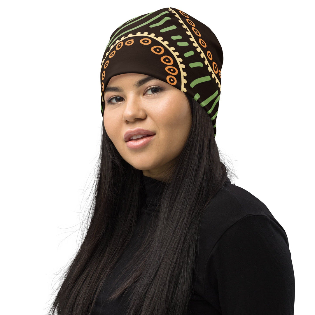 Double-layered Beanie Hat Brown Green Geometric Lines - Unisex | Beanie Hats