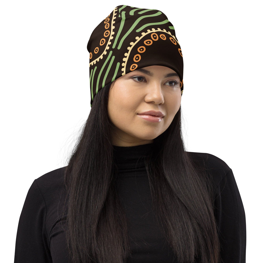 Double-layered Beanie Hat Brown Green Geometric Lines - Unisex | Beanie Hats