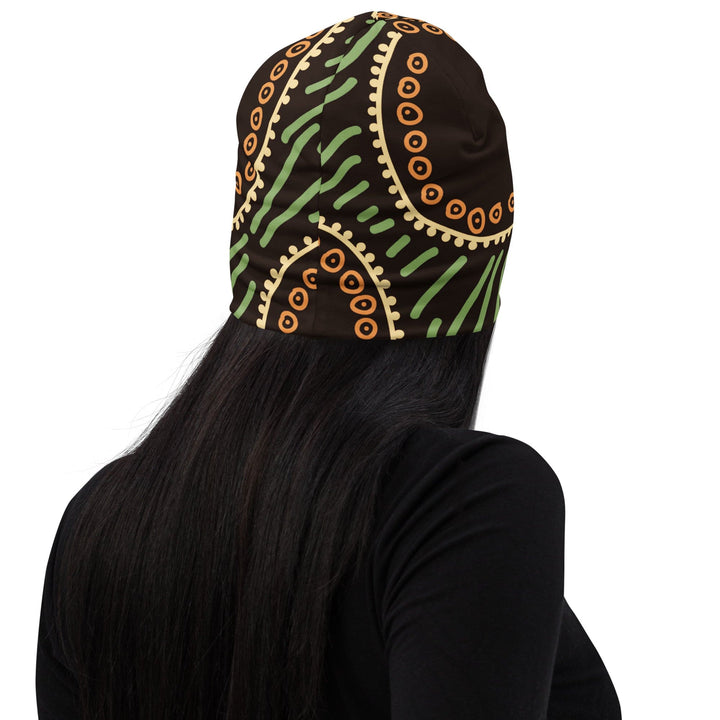 Double-layered Beanie Hat Brown Green Geometric Lines - Unisex | Beanie Hats