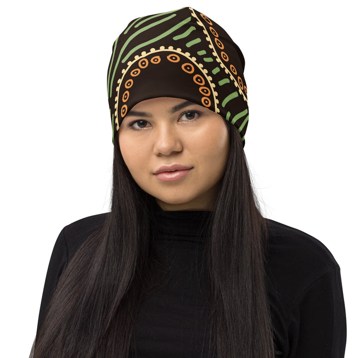 Double-layered Beanie Hat Brown Green Geometric Lines - Unisex | Beanie Hats