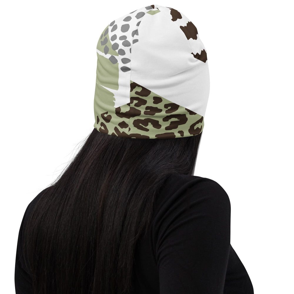 Double-layered Beanie Hat Brown Green Grey Geometric Hexagon Print 2 - Unisex