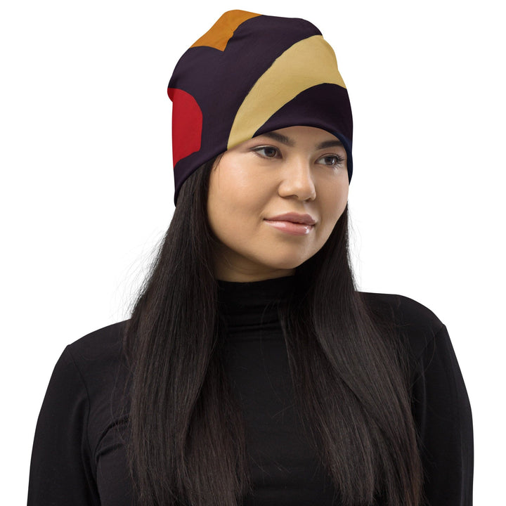 Double-layered Beanie Hat Brown Red Blue Colorblock Lines 2 - Unisex | Beanie