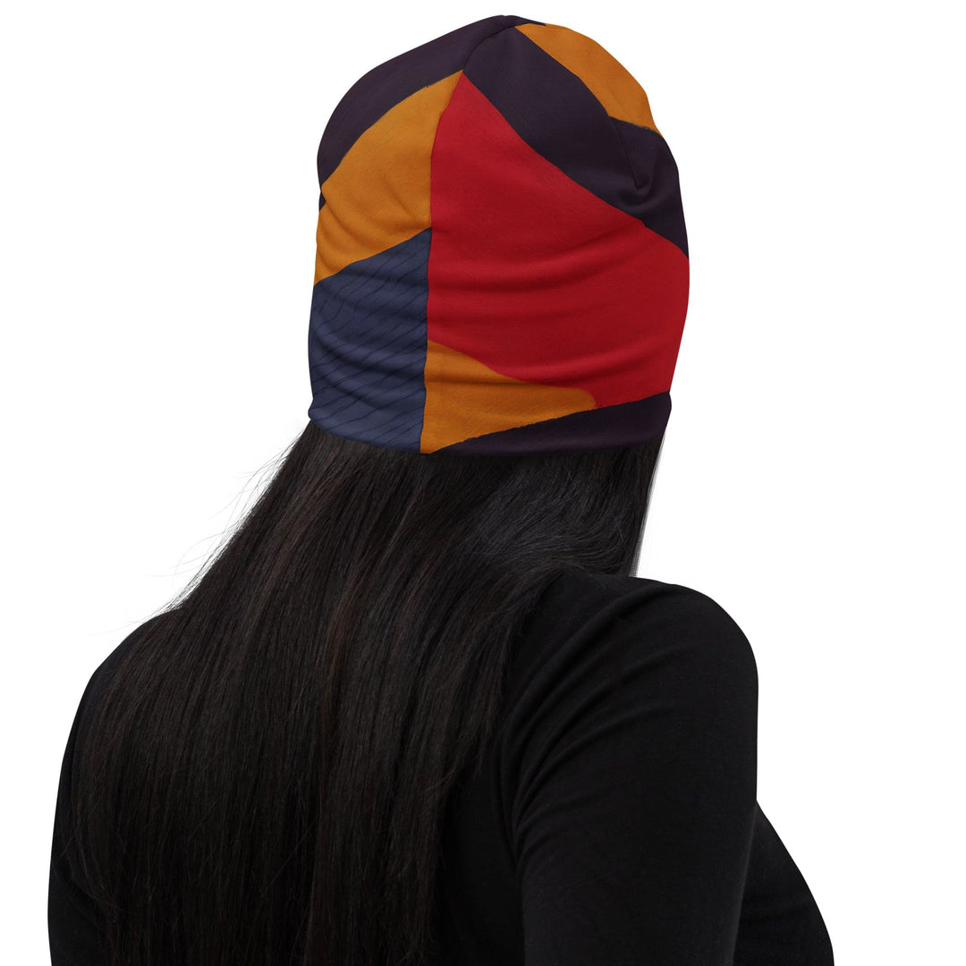 Double-layered Beanie Hat Brown Red Blue Colorblock Lines 2 - Unisex | Beanie