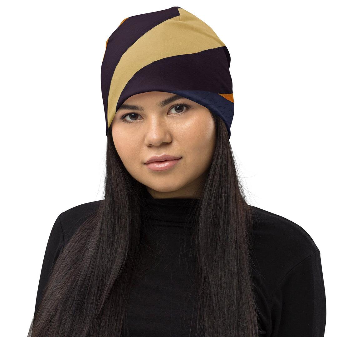 Double-layered Beanie Hat Brown Red Blue Colorblock Lines 2 - Unisex | Beanie