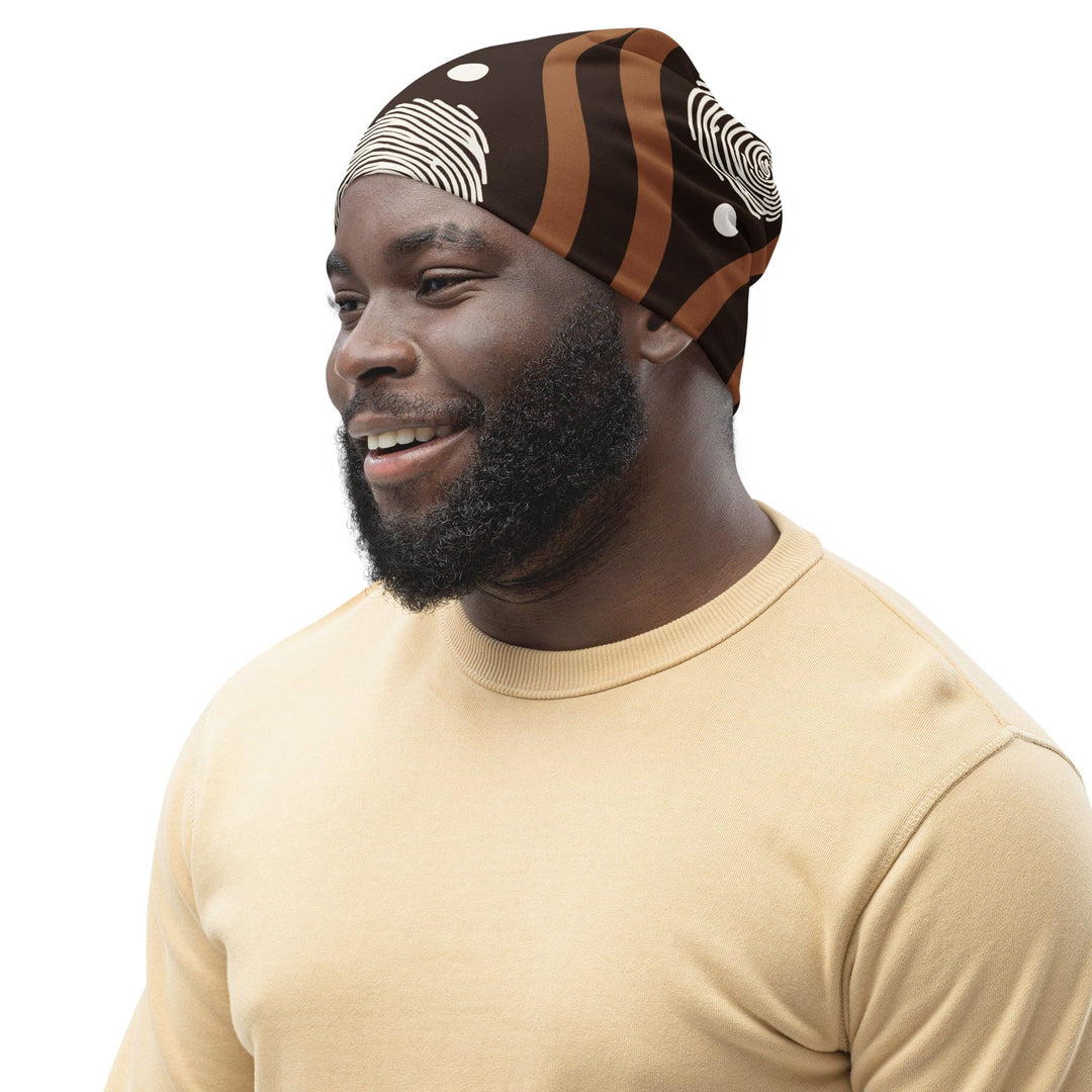 Double-layered Beanie Hat Brown White Geometric Lines 2 - Unisex | Beanie Hats