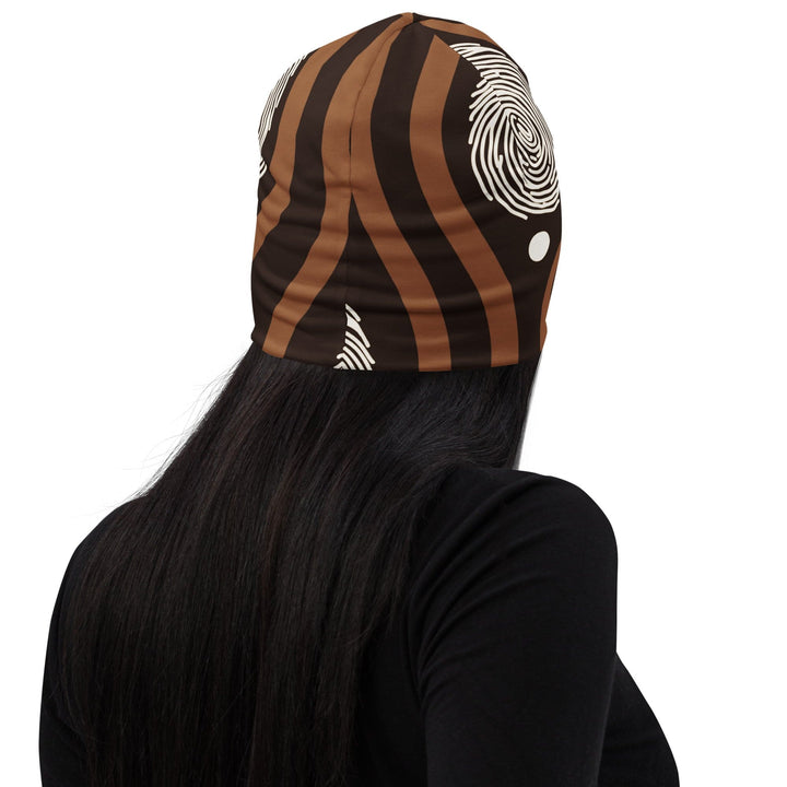 Double-layered Beanie Hat Brown White Geometric Lines - Unisex | Beanie Hats