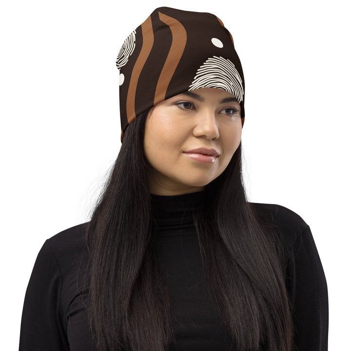 Double-layered Beanie Hat Brown White Geometric Lines - Unisex | Beanie Hats