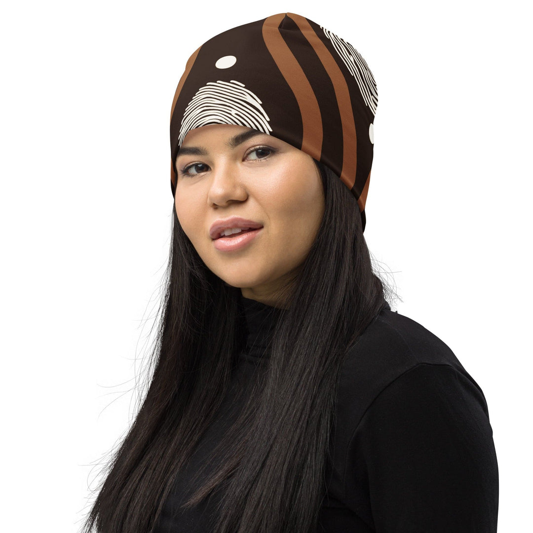 Double-layered Beanie Hat Brown White Geometric Lines - Unisex | Beanie Hats