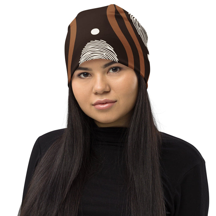 Double-layered Beanie Hat Brown White Geometric Lines - Unisex | Beanie Hats