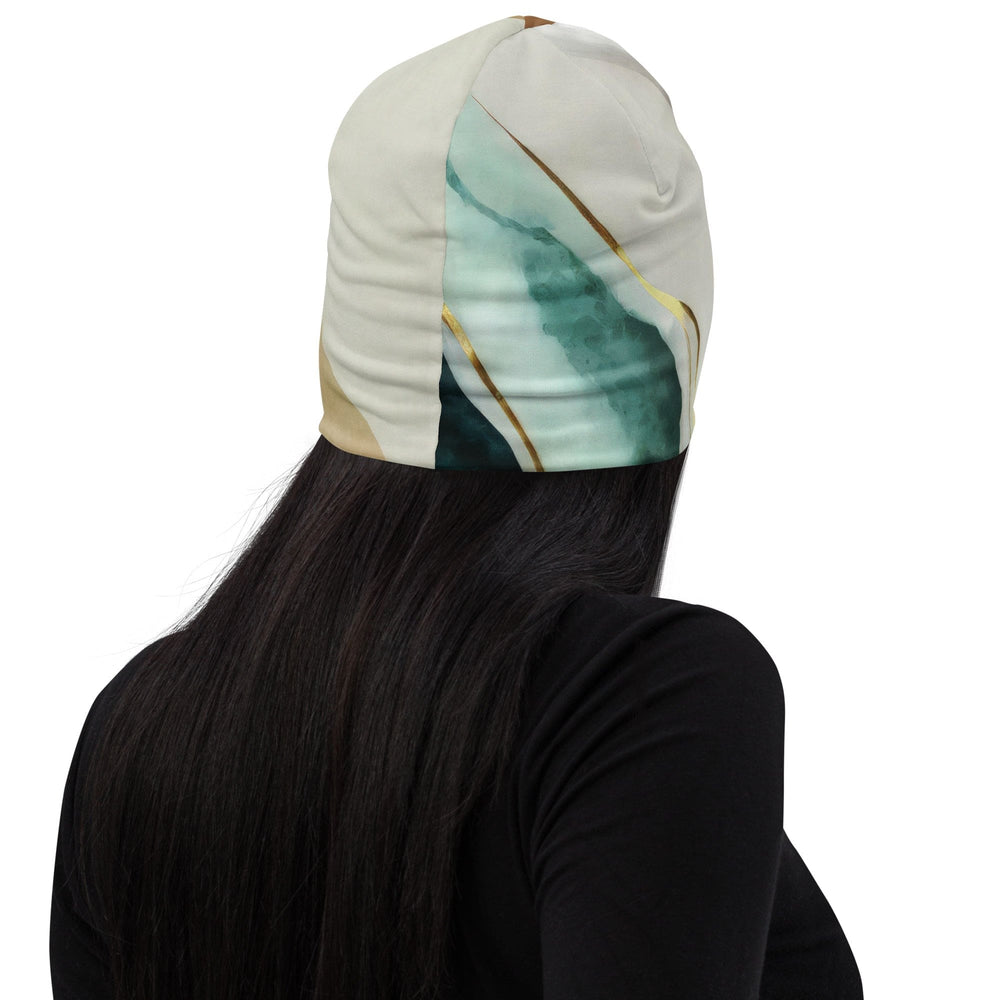 Double-layered Beanie Hat Cream White Green Marbled Print 2 - Unisex | Beanie