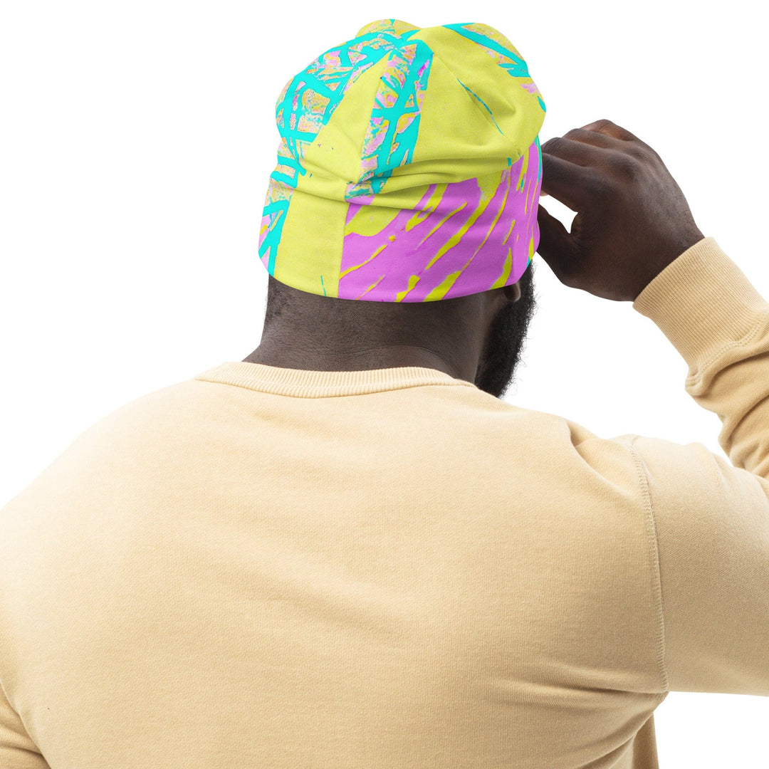 Double-layered Beanie Hat Cyan Blue Lime Green and Pink Pattern 2 - Unisex