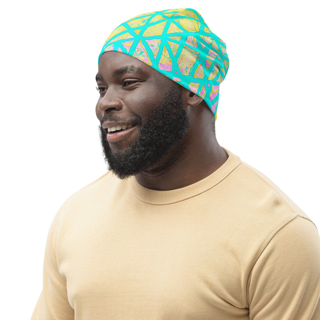 Double-layered Beanie Hat Cyan Blue Lime Green and Pink Pattern 2 - Unisex