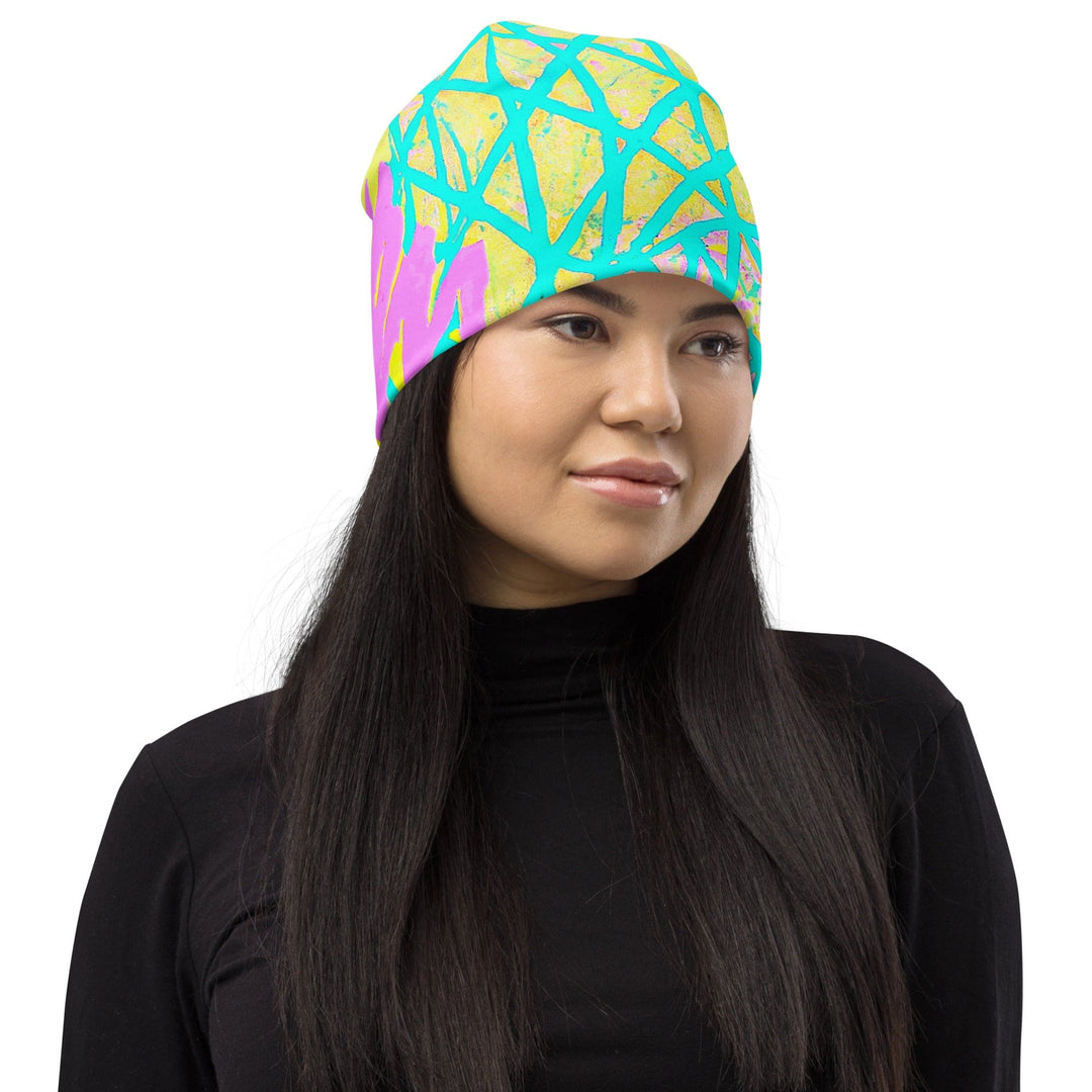 Double-layered Beanie Hat Cyan Blue Lime Green and Pink Pattern - Unisex